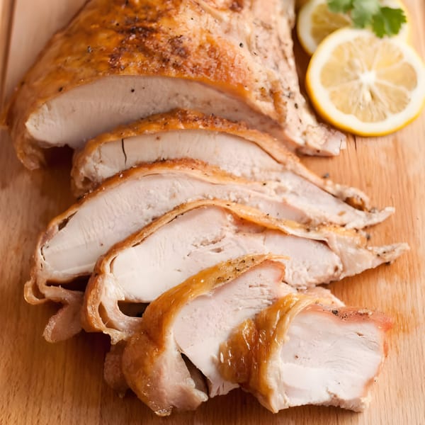 Sliced smoked chicken breast with crispy skin and lemon wedges on a wooden cutting board.